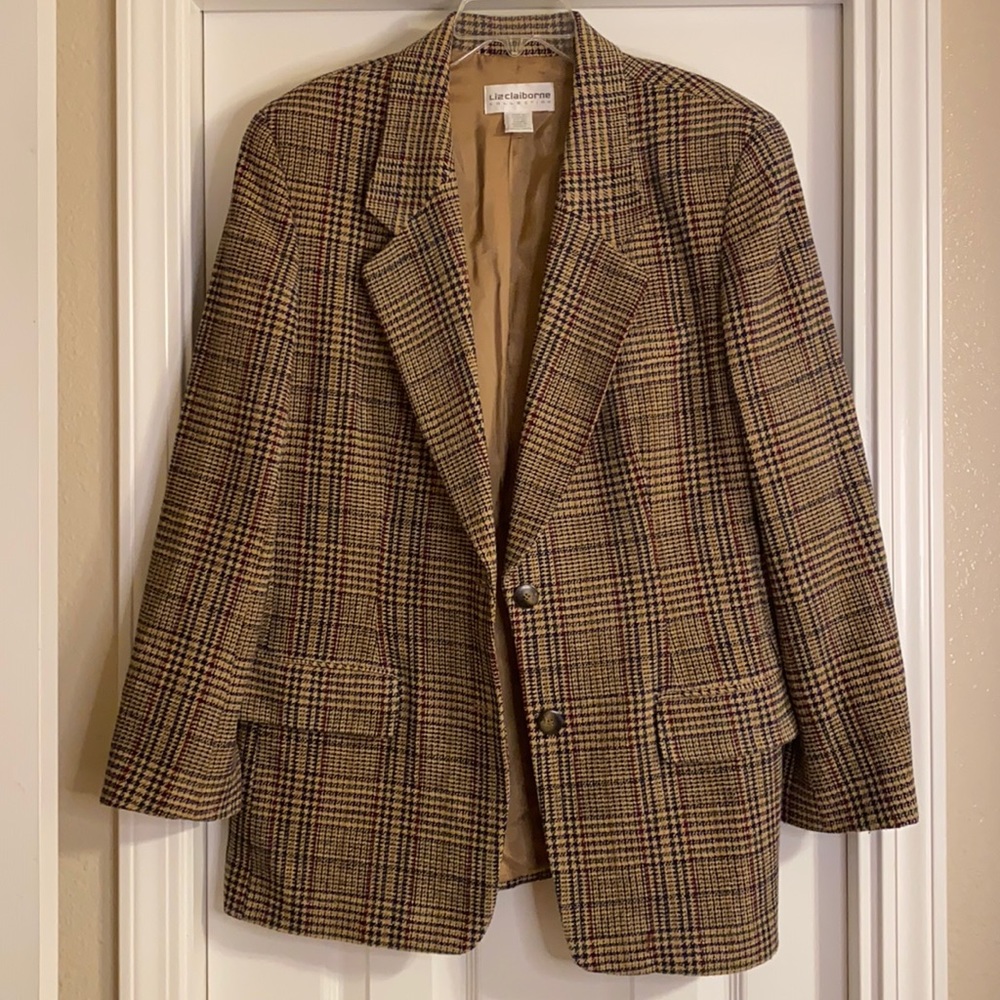 Liz Claiborne Collection Size 14 Plaid Wool Blazer Jacket